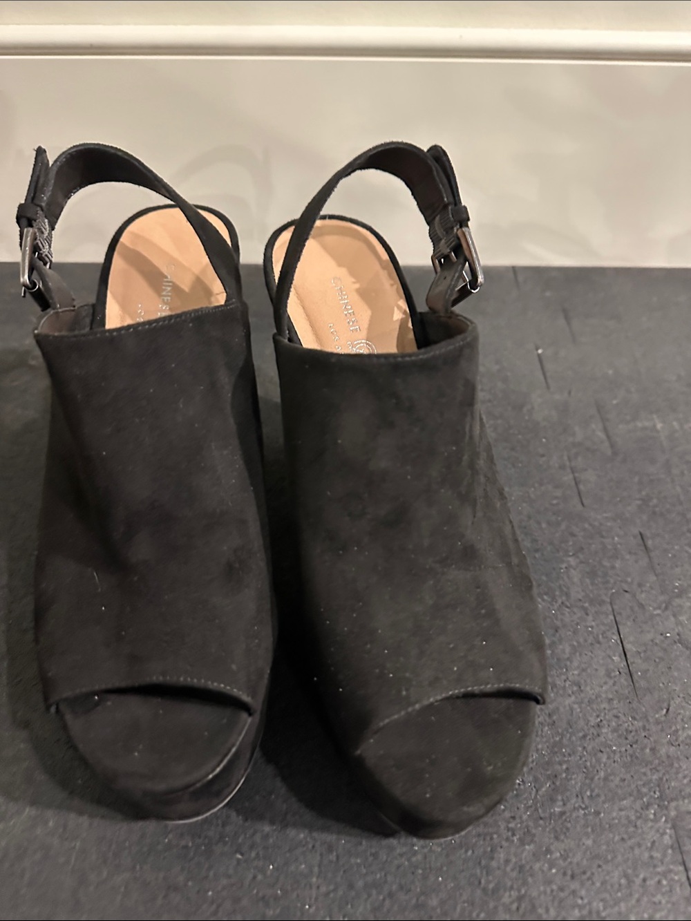Chinese Laundry Black Suede Peep-Toe Slingback Wedges